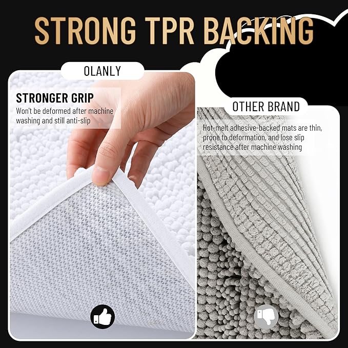OLANLY Thick Bathroom Rugs 34x21, Soft Chenille Striped Bath Rugs, White | Rubber Backing, Machine Wash, Extra Absorbent Bath Mats for Bathroom Floor, Tub and Shower, Home Decor Accessories