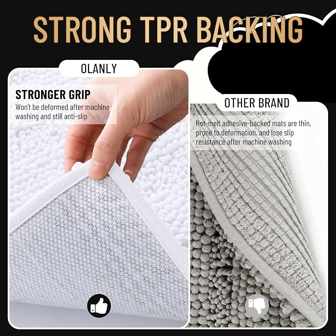 OLANLY Thick Toilet Rugs U-Shaped 24x20, Soft Chenille Bath Mat, White | Extra Absorbent Striped Contour Bathroom Rugs for Toilet, Dry Quickly, Machine Washable, Non-Slip