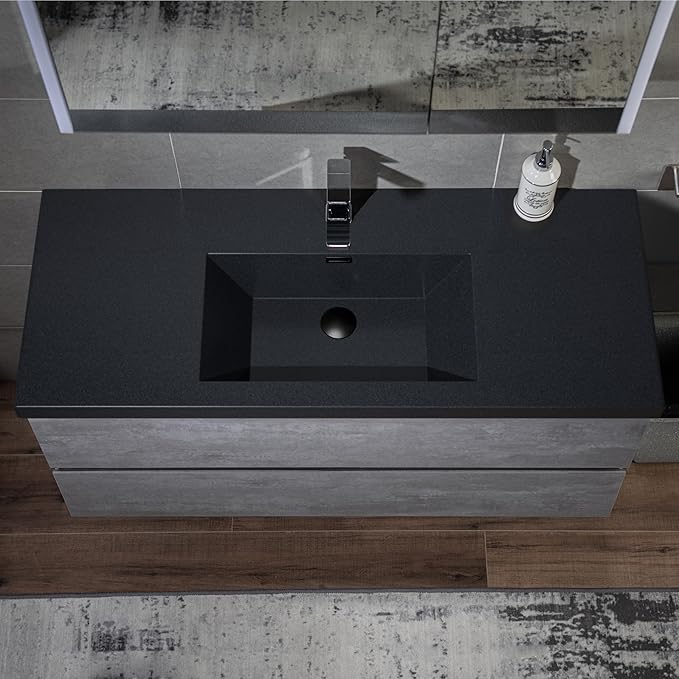 WOODBRIDGE 48 in. W x 19 in. D Wall Mounted Floating Bathroom Vanity in Gray with Quartz Sand Composite Vanity Top in Matte Black