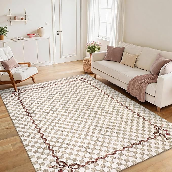 Garvee Washable 8x10 Area Rug for Living Room Neutral Checkered Cherry | Coquette Non Slip Soft Bedroom Rugs Non Shedding Low Pile Stain Resistant Carpet for Nursery Grils Dorm Playroom Office