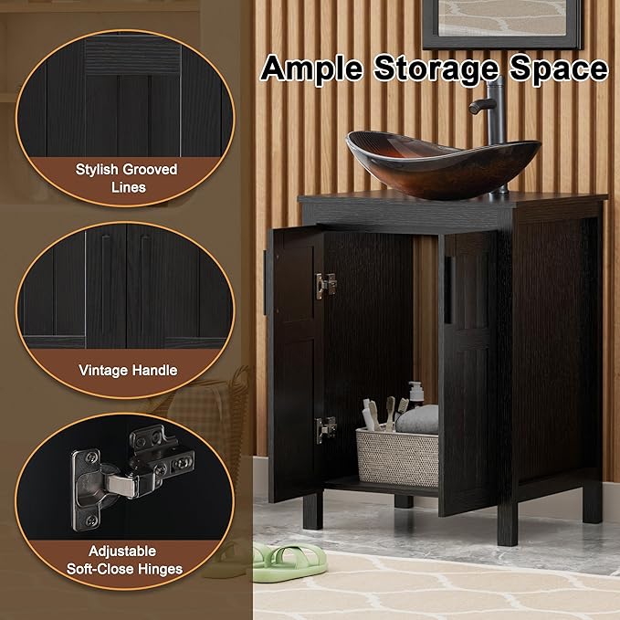 UEV Black 24" Bathroom Vanity with Sink Combo,Modern Sink Cabinet,Stylish Bathroom Vanity Cabinet,Fluted Double Doors,Metal Handles,Modern Brown Boat Tempered Glass Vessel Sink (029BR-NEW)