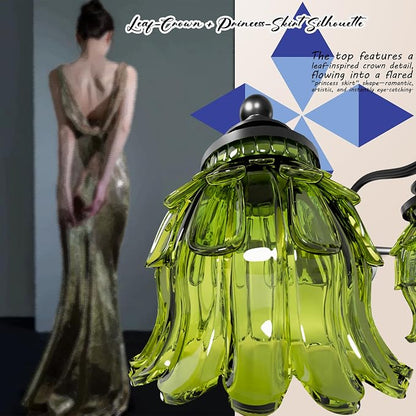 3-Light Bathroom Vanity Light Fixture Wall Mounted Mirror Front Lamp | with Water-Lily Shaped Green Crystal Glass Shade, Modern Black Antique Finish Lamp for Mirror Kitchen Living Room Hallway