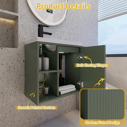 eclife 20" Floating Bathroom Vanity Sink Combo for Small Space, Wall-Mounted Guest Toilet Wash Basin Cabinet with Opening Shelf, Soft Closing Door, Gray Green Painted