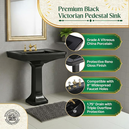 Renovators Supply Manufacturing Victorian 32" W x 34.5" H x 22" Proj. Large Bathroom Black Pedestal Sink, Vitreous China, with Overflow, Compatible with 8 in. Widespread Faucets