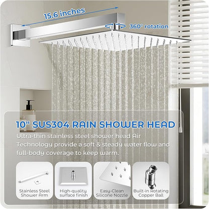 Chrome Shower Faucet Set, 10 inch Rain Shower System with Pressure Balance Valve, Wall Mounted 2-Functions Bathroom Shower Systems with Rain Shower and Handheld Spray Shower Trim Included