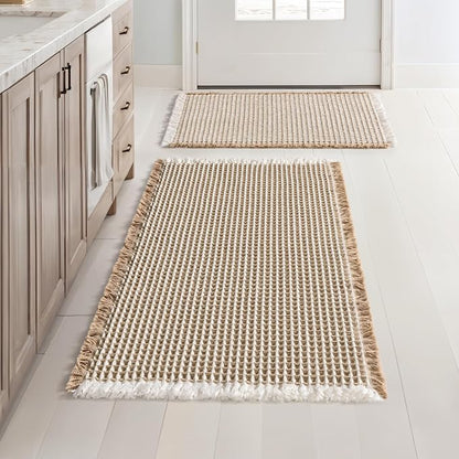 MIULEE Set of 2 Waffle Bathroom Rugs Brown&White Bath Mat 17"x24"+20"x32" | Non Slip, Super Absorbent, Washable, Ultra Soft, Rubber Backed Bath Rugs for Bathroom Floor Tub Shower, Boho Decor