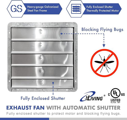 iLiving 20" & 18" Wall Mounted Shutter Exhaust Fans, Automatic Shutter, Thermostat & Variable Speed Controller