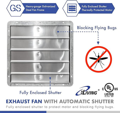 iLiving 18" & 12" Wall Mounted Exhaust Fans, Automatic Shutter, Thermostat & Variable Speed