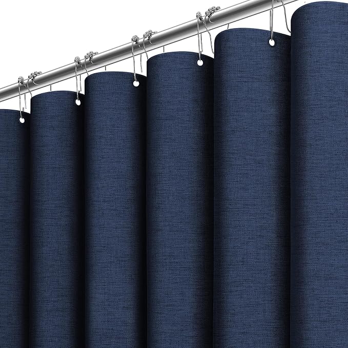 72x90 Linen Textured Waterproof Fabric Shower Curtain Set, Navy Blue | Long Size, 230GSM Polyester, Heavy Duty Cloth, Weighted Hem, 12 Plastic Hooks, Modern Luxury Hotel Style, Machine Washable