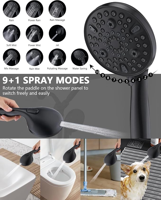 PDPBath High Pressure Rainfall Shower Head with Handheld Combo, 10 Setting Handheld Shower Head, Dual Handheld Shower Head Combo with Slide Bar for Easy Reach, Matte Black