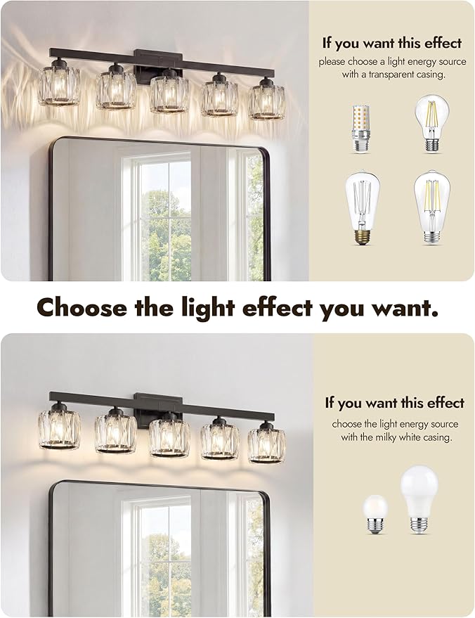 VOLISUN Crystal Vanity Lights for Bathroom, 5 Light Bathroom Vanity Light, Modern Matte Black Bathrooms Light Over Mirror, Black Bathrooms Lights Fixtures-UL Certificated(Exclude Bulb)