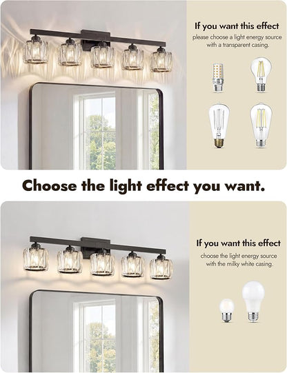 VOLISUN Crystal Vanity Lights for Bathroom, 5 Light Bathroom Vanity Light, Modern Matte Black Bathrooms Light Over Mirror, Black Bathrooms Lights Fixtures-UL Certificated(Exclude Bulb)