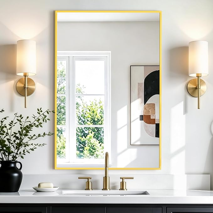 Rectangular Bathroom Mirror, 30"x20" Gold Metal Framed Vanity Mirror | HD Shatterproof Wall Mirror, Horizontal or Vertical Hanging, Easy Installation for Bathroom, Bedroom, Living Room, Entryway