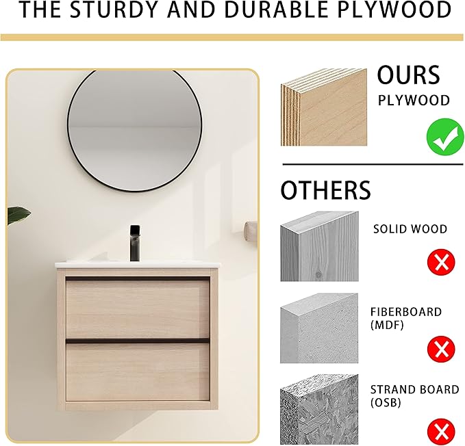 Malwee 24" Floating Bathroom Vanity with Sink, 24 Inch Single Sink Wall Mounted Bathroom Vanity Combo, with 2 Drawers and White Ceramic Basin Top, Bath Wall-Hung Cabinet Set with Storage.MA02524PLO