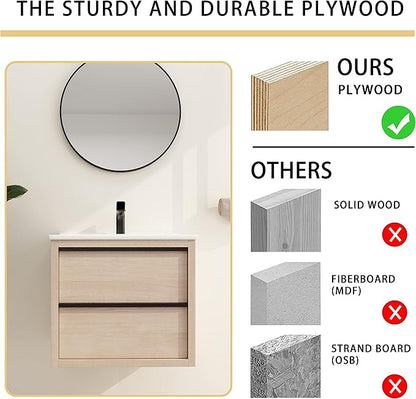 Malwee 24" Floating Bathroom Vanity with Sink, 24 Inch Single Sink Wall Mounted Bathroom Vanity Combo, with 2 Drawers and White Ceramic Basin Top, Bath Wall-Hung Cabinet Set with Storage.MA02524PLO