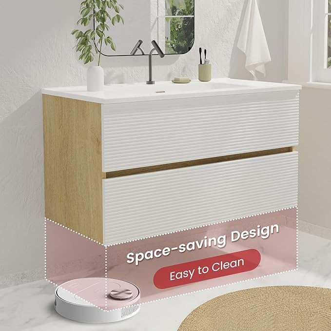 36'' Floating Bathroom Vanity with Sink Combo, Modern Bathroom Cabinet with 2-Soft Close & Large Storage Drawers, for Bath, Apartment, Hotel, White and Natural (Already Assembled)