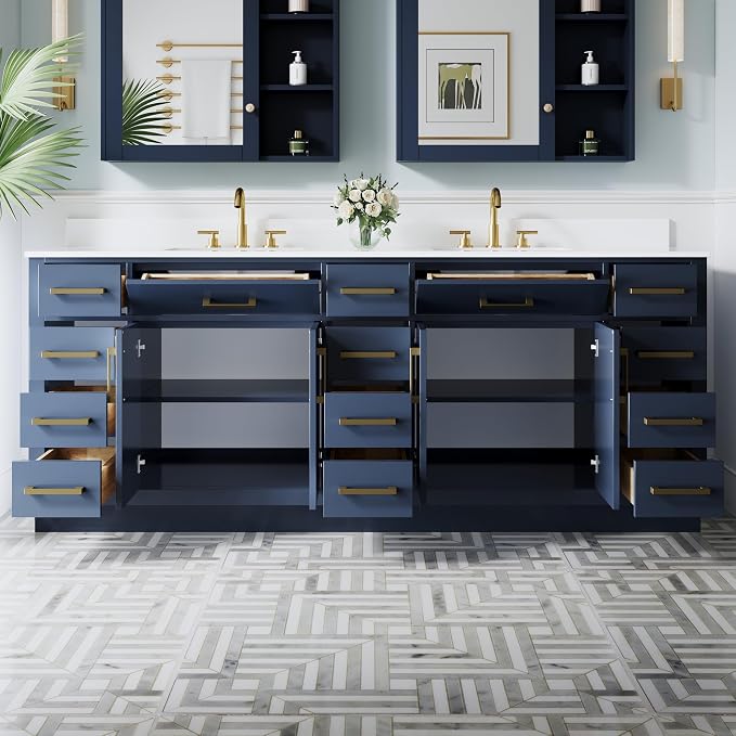 84-Inch Bathroom Vanity with Double Sinks W/ 4 Doors & 12 Drawers & 2 Flip Drawers, Navy Blue Vanity W/Brushed Gold Handles