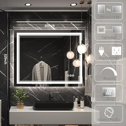 40x32 Inch Led Mirror for Bathroom with Front Light and Backlit, Bathroom Mirror with Led Lights, Vanity Mirror with Lights for Wall, Anti-Fog, Dimmable, Memory Function, Tempered Glass