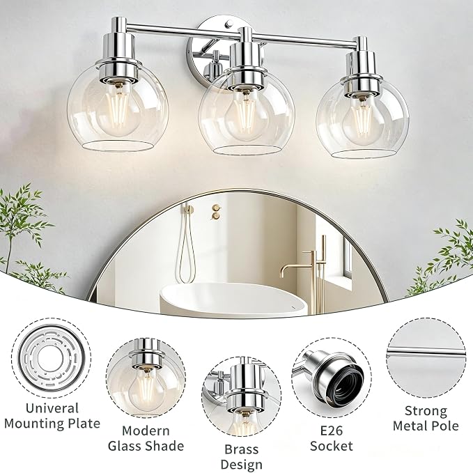3 Lights Bathroom Vanity Light Fixtures Chrome, Bathroom Lights Over Mirror, Industrial and Farmhouse 3 Light Wall Sconce, Polished Chrome Globe Vanity Lighting Fixtures