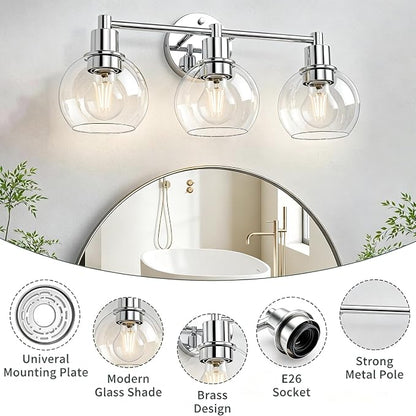 3 Lights Bathroom Vanity Light Fixtures Chrome, Bathroom Lights Over Mirror, Industrial and Farmhouse 3 Light Wall Sconce, Polished Chrome Globe Vanity Lighting Fixtures