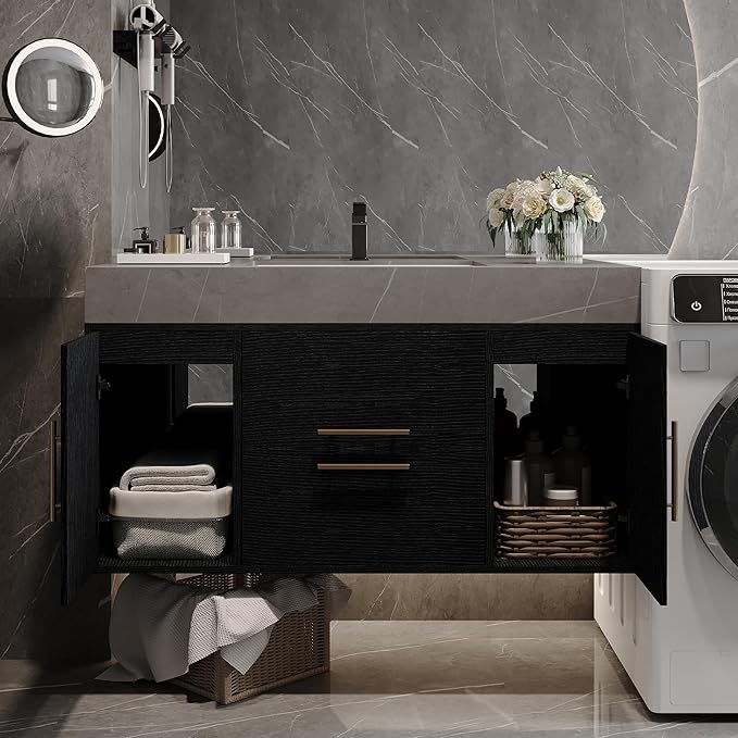 40 inch Modern Floating Bathroom Vanity with Sink, Wall Mounted Bathroom Cabinet with Ceramic Sink, Grey Sintered Stone Countertop, 2 Soft Closing Drawers & 2 Storage Cabinet, Gold Handle, Black