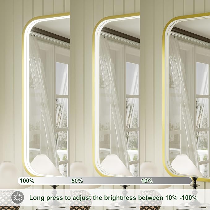 40x30 Inch Gold LED Bathroom Mirror with Lights,3000K/4500K/6000K | Stepless Dimmable, Anti-Fog, Memory Function, Aluminum Frame Wall Mount Lighted Vanity Mirror, ETL Listed, IP54 Waterproof