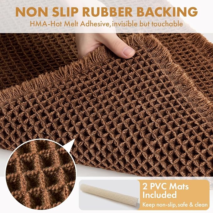 MIULEE Set of 2 Waffle Bathroom Rugs Boho Bath Mat Mocha 17"x24"+18"x30" | Non Slip, Super Absorbent, Washable, Ultra Soft, Rubber Backed, Small Bath Rugs for Bathroom Floor Tub Shower