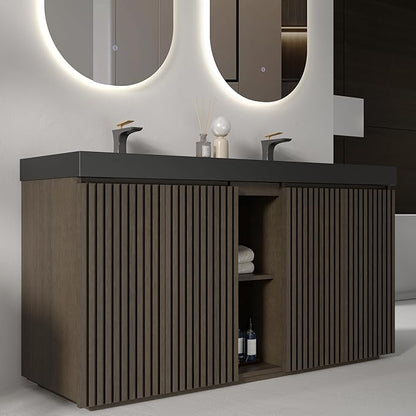 60" Bathroom Vanity with Double Sink, Freestanding Double Sink Bathroom Vanity with Black Engineered Stone Top, Open Storage Cabinet & Adjustable Shelf, 4 Soft-Closing Doors, Smoked Oak Brown