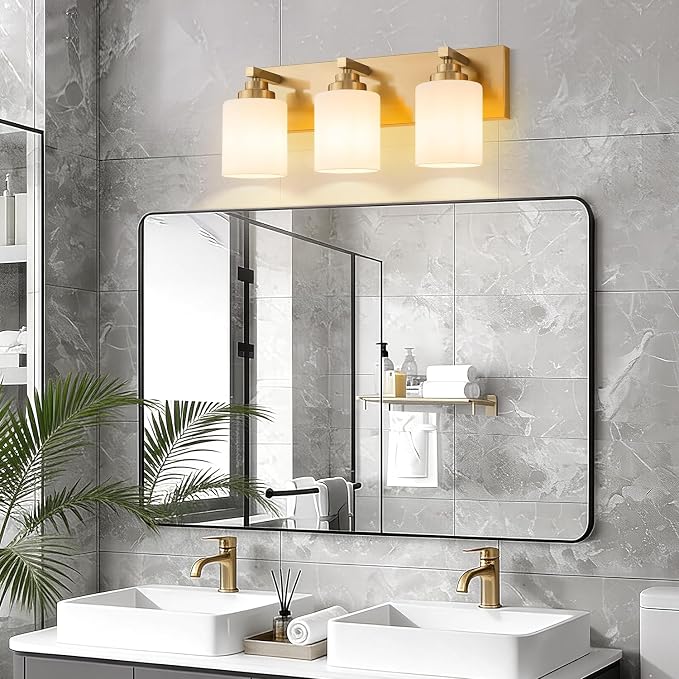 Vanity Lights for Bathroom, 3-Light Brushed Gold Bathroom Vanity Light Over Mirror with Milky White Glass Shades, Modern Bathroom Light Fixtures for Living Room Hallway Cabinet (Bulbs Not Included)