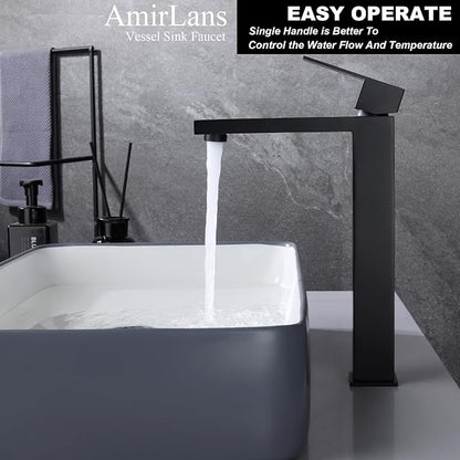 Matte Black Vessel Sink Faucet, Single Hole Tall Bathroom Faucet | Stainless Steel 1 Hole Black Matte Faucet for Bathroom Sink, Tall Vanity Faucet with Pop Up Drain