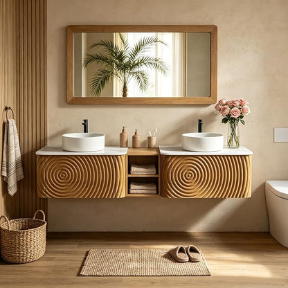 72" Floating Bathroom Vanity with Double Sink, Mid-Century Wall Mounted Bathroom Vanity Cabinet with Wood Waved Decor, Ceramic Vessel Basin, Sintered Stone Top, Soft Close Drawer, Side Open Cube