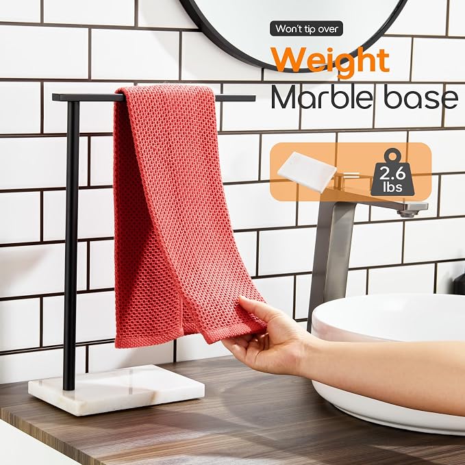 Black Towel Racks Stand 1-Tier Hand Towel Holder for Bathrooms Vanity Countertop with Heavy Marble Base Thicken Steady, Stainless Steel AN7002MB