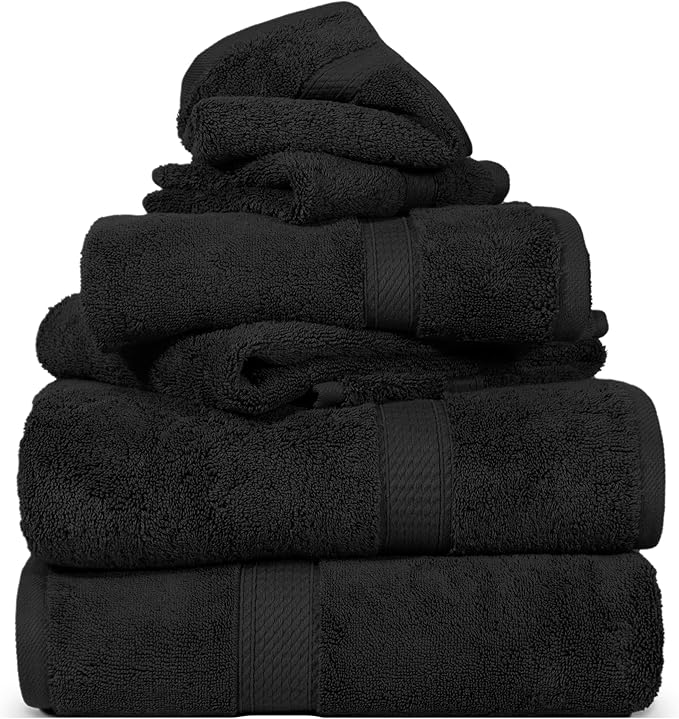SUPERIOR Egyptian Cotton Ultra Plush & Absorbent, 6 Piece Set, Black | Quick Dry, Soft Luxury Towel Set, Bath Essentials, Guest Bath, Spa, 2 Bath, 2 Hand, 2 Face Towels, Madeline Towels