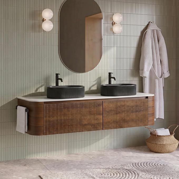 72" Preassembled Double Floating Bathroom Vanity with Black Sink, Walnut | Mid-Century Modern Style, Fluted & Soft-Close Drawer with U-shaped Wall, Sinterted Stone Countertop, Towel Rack Included