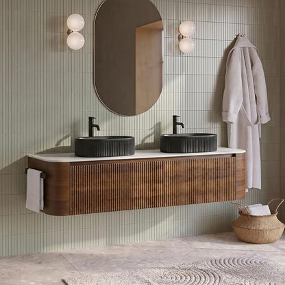 72" Preassembled Double Floating Bathroom Vanity with Black Sink, Walnut | Mid-Century Modern Style, Fluted & Soft-Close Drawer with U-shaped Wall, Sinterted Stone Countertop, Towel Rack Included