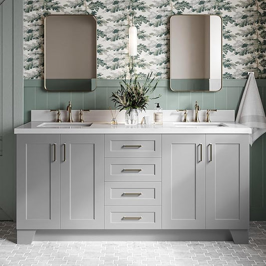 DKB Emilia 72 Inch Bathroom Vanity Double Sink — Grey Bathroom Vanity with Sink, 1.5" Edge Pure White Quartz Countertop & Backsplash, 4 Soft-Close Doors, and 6 Dovetail Drawers