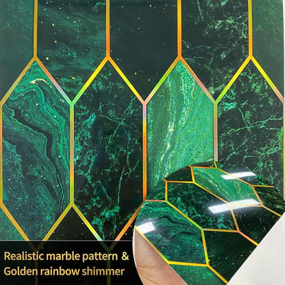 funlife Holographic Emerald Art Deco Peel and Stick Backsplash Self-Adhesive PVC Wall Tiles Easy DIY with Tools for Kitchen Bathroom and Laundry Room 7.87"x7.87"x50-Sheet Hex Emerald