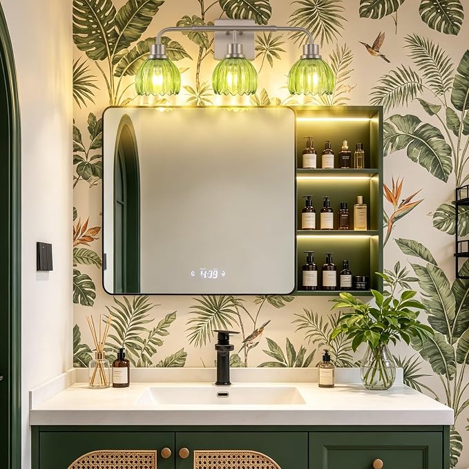 Ralbay Vintage Vanity Lights Bathroom Light Fixture Over Mirror for Bath Brushed Nickel Modern Wall Sconces with Green Crystal Glass Shade for Bedroom,Living Room,Hallway(3-Light)