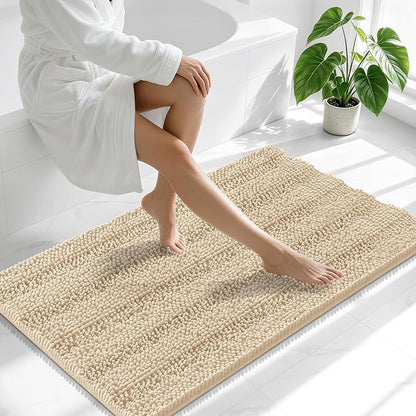 Smiry Thick Chenille Large Bathroom Runner Rugs 45x27, Soft Bath Mat, Beige | Quick‑Dry & Machine Washable, Non‑Slip Bath Carpet, Striped Bath Rugs for Tub & Shower, Modern Home Decor Accessories