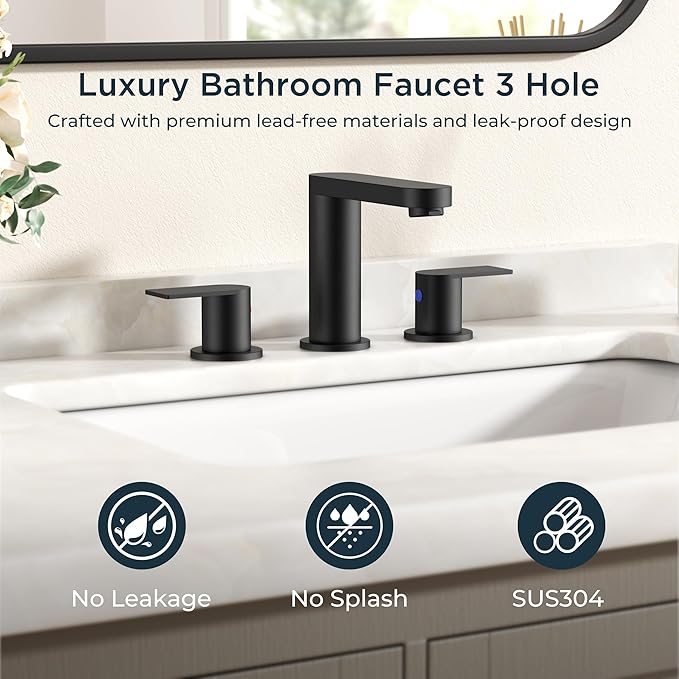 FORIOUS Matte Black Bathroom Faucet 3 Hole, 8 Inch Widespread Bathroom Sink Faucet with Pop-up Drain and cUPC Supply Lines for Basin, Vanity, Laundry Room and Restroom