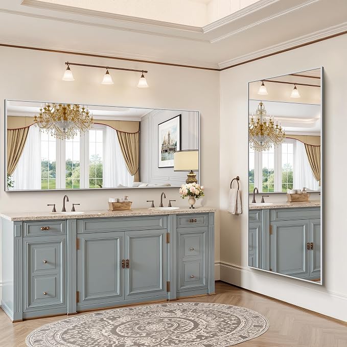 YIROMAN Bathroom Mirror 72"x30", Large Brushed Silver Bathroom Mirror for Over Sink with Aluminum Frame, Rectangular Vanity Mirror with Right Angle, Wall Mirror Hangs Horizontal or Vertical