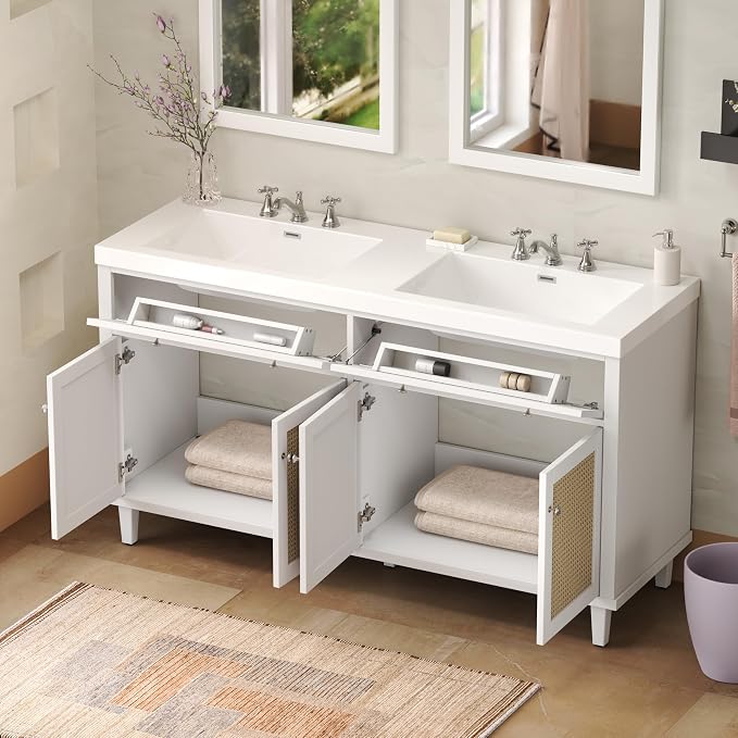 60" Double Sink Bathroom Vanity with Double Sinks, Soft Closing Doors and Flip-Out Drawers, Solid Wood Frame & MDF Modern Wood Bathroom Sink Cabinet, Freestanding Solid Wood Legs