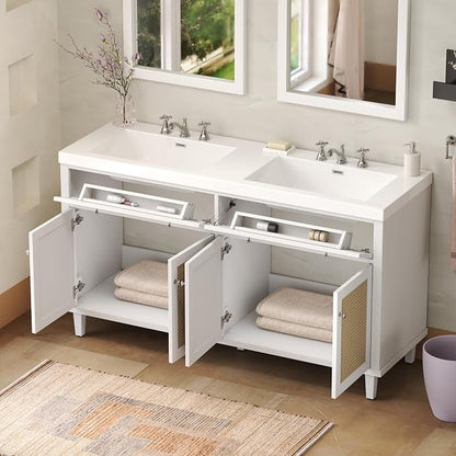 60" Double Sink Bathroom Vanity with Double Sinks, Soft Closing Doors and Flip-Out Drawers, Solid Wood Frame & MDF Modern Wood Bathroom Sink Cabinet, Freestanding Solid Wood Legs