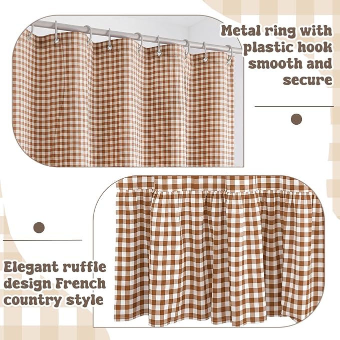 HunnmingRe Ruffle Hem Gingham Shower Curtain Taupe | 72'' x 72'' Vintage Farmhouse Curtain, Cotton Cottage Core Rural Checkered Plaid Decor, Fall Shower Curtain for Bathroom