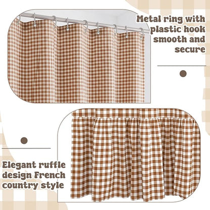 HunnmingRe Ruffle Hem Gingham Shower Curtain Taupe | 72'' x 72'' Vintage Farmhouse Curtain, Cotton Cottage Core Rural Checkered Plaid Decor, Fall Shower Curtain for Bathroom