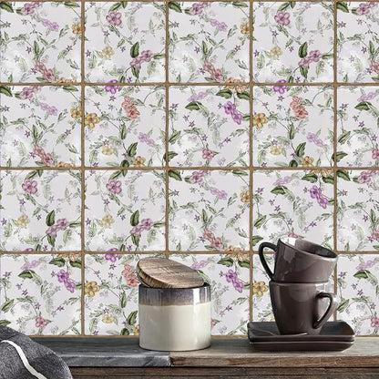 Alwayspon Vinyl Sticker Peel and Stick, Self-Adhesive Wall Tile Transfers Backsplash Sticker Decal for Kitchen Bathroom, 6x6inch/15x15cm 10Pcs, Purple Floral T040