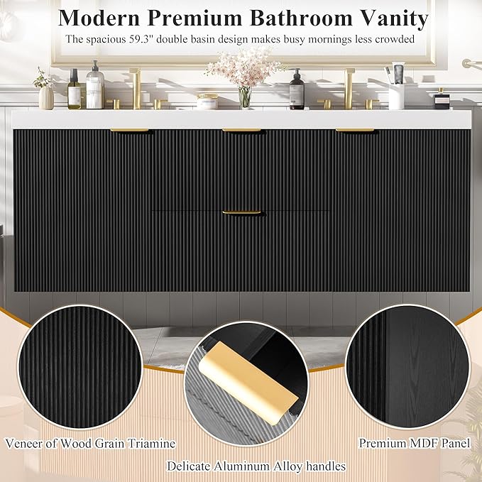 60" Bathroom Vanity with Sink Combo, Floating Double Sink Bathroom Vanity with SMC Resin Top, MDF Cabinet with Solid Wood Frame, Wall-Mounted Bath Room Vanities for Large Bathrooms(Black)