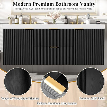 60" Bathroom Vanity with Sink Combo, Floating Double Sink Bathroom Vanity with SMC Resin Top, MDF Cabinet with Solid Wood Frame, Wall-Mounted Bath Room Vanities for Large Bathrooms(Black)
