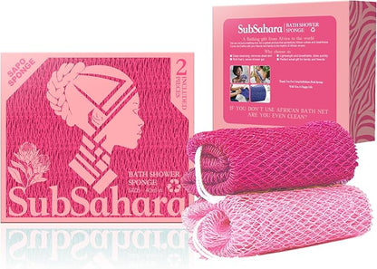 Authentic African Net Sponge, 2 Pack 45-Inch Exfoliating Bath Sponge and Shower Loofah for Body and Back, Colorfast Quick-Dry Knotted Mesh Scrubber with Travel Pouch (Dark Pink & Light Pink)