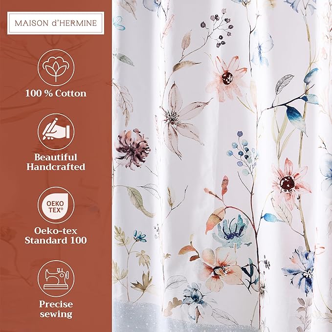 Maison d' Hermine Shower Curtain 100% Cotton One Panel 70"x72" Washable Fabric Shower Curtains for Bathroom, Easy Hanging with 12 Button Holes - Home Hotel Spa Easter Gifts (Ice Florals)